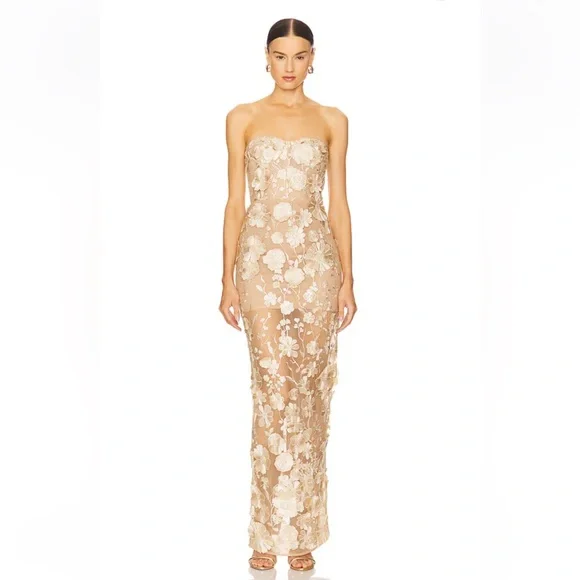 bronx and banco jasmine 3d floral applique lace strapless maxi dress gown XS NEW - Picture 12 of 17